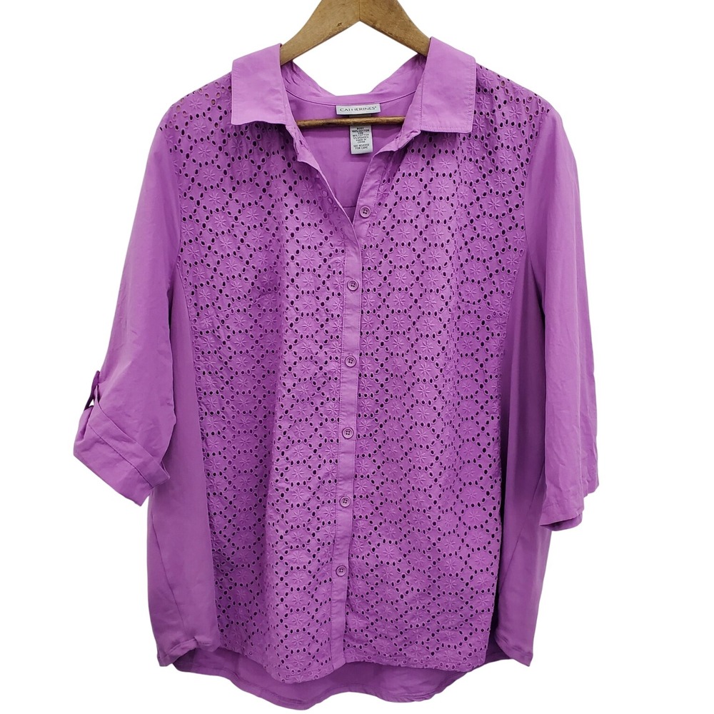 Catherines Womens Purple Eyelet Button Up Shirt Top Plus Size 1X Roll Tab Sleeve